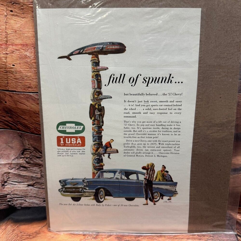 Chevrolet Bel Air 2-Door Sedan Vintage Magazine Ad 1957 Blue Car Totem Pole